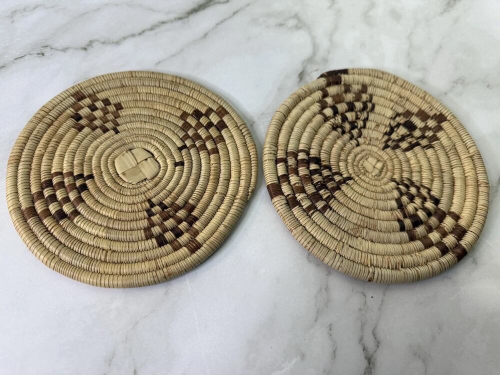 Vintage Native American Coiled Basket Mats Pair 6" Tohono O'odham Woven Trivets